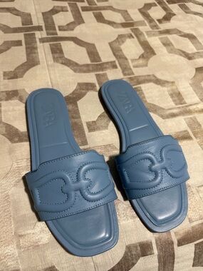 Zara Dusty Blue Leather Slide Sandals
